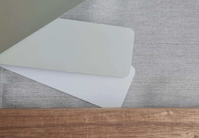 Materiaalpalet herinrichting Zaal 6 – Fraké-hout, Kvadrat gordijnstof Casa 0932 – ruimte Blossom Interior Windesheim