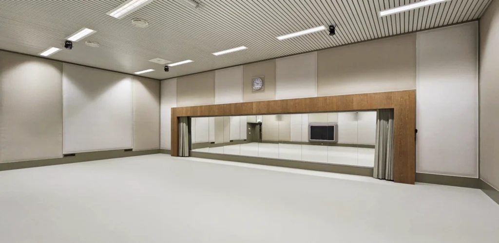 Herinrichting Onderwijsruimte: Getransformeerde LGM-ruimte Zaal 6 op Hogeschool Windesheim – akoestische wandpanelen, gietvloer met vloerverwarming en spiegelkast met Fraké-houten omraming, interieurontwerp Blossom Interior Zwolle